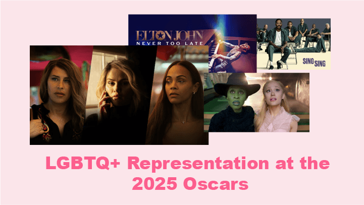 LGBTQ+ nominees and films at the 2025 Oscars, including scenes from Sing Sing, Elton John biopic, and diverse performers.