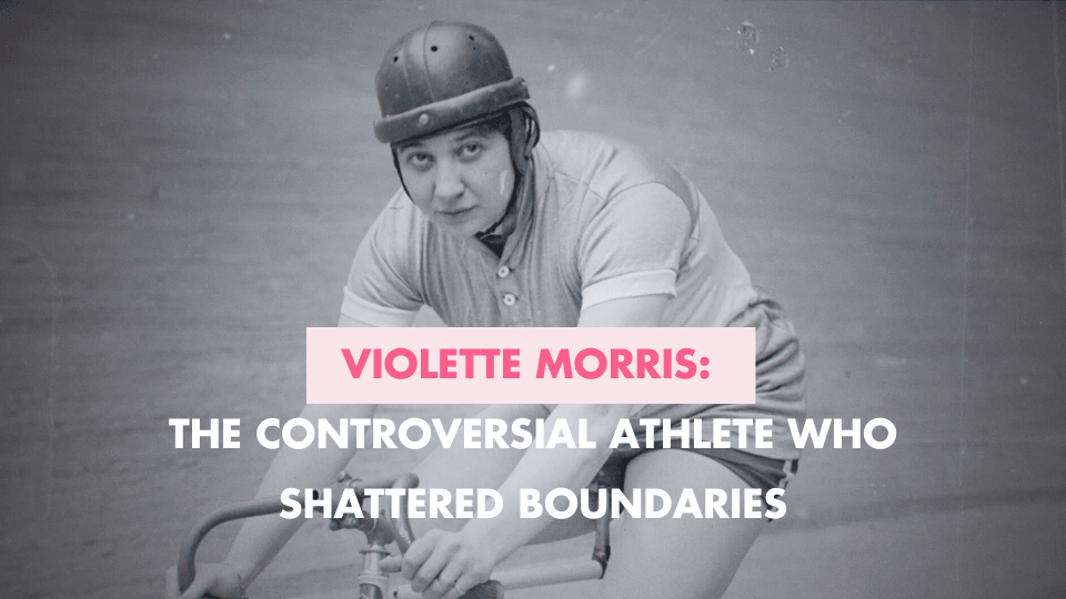 Violette Morris in cycling gear with helmet and bold title overlay