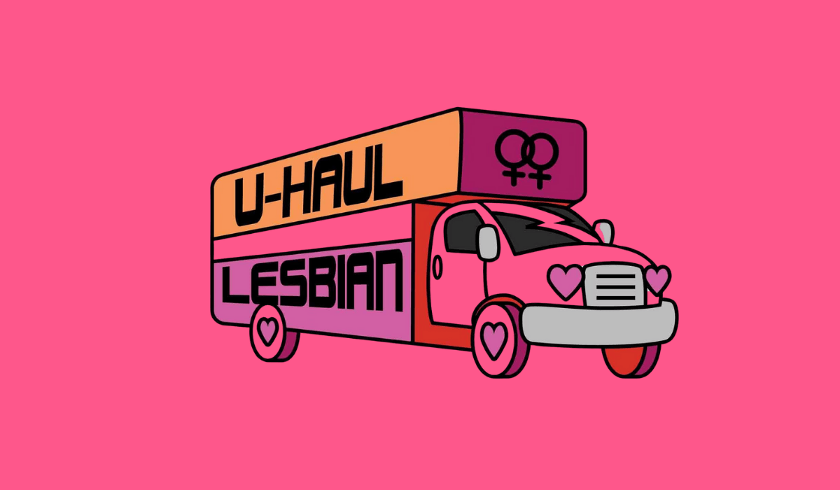 Illustrated pink U-Haul truck with the words ‘U-Haul Lesbian’ and double Venus symbol