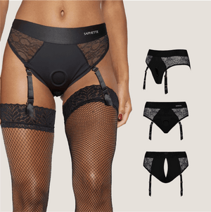 Lace Garter Strap-On Brief + Dildo Set — Black Lace Harness with Optional Toy - SAPHETTE