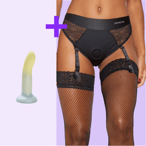 Lace Garter Strap-On Brief + Dildo Set — Black Lace Harness with Optional Toy - SAPHETTE